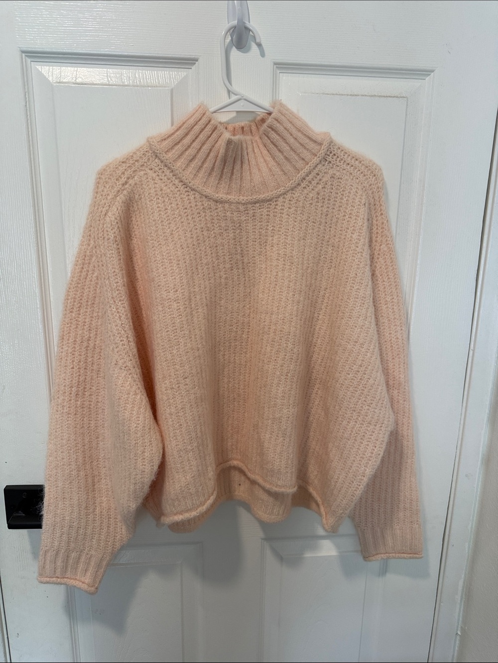 Pilcro by Anthropologie. Soft Knit High-Neck Sweater in Blush Pink, peach.